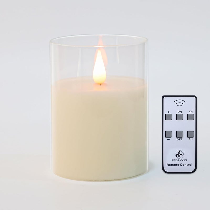 TECHLONG Glass Flameless Candles with Remote Timer, 3D Moving Flame Flickering, Last 600+ Hours Battery Candles, Real Wax LED Votive Candle for Festival Wedding Home Party Decor, 3" x 4" - Image 1